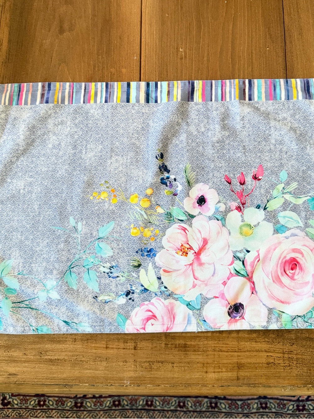 4 Maison d’Hermine Cloth Placemats 100% Cotton Floral Rose Peony Stripe NWOT